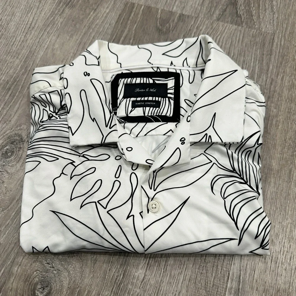 Porter & Ash Kinetic Stretch Mens‎ Large White Black Tropical Leaf Button Down